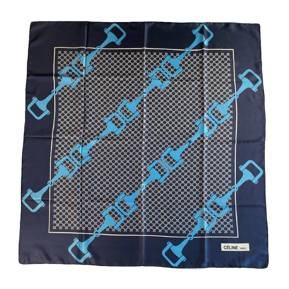Celine Paris Silk Scarf – Navy & Blue Equestrian Bit Print - Picture 1 of 10